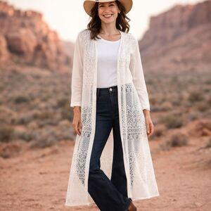 White Lace Maxi Duster M Boho Romantic Whimsigoth Festival Kimono Fairy Slit NWT